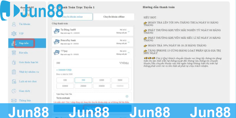 Nạp tiền nhanh chóng tại nhà cái Jun88
